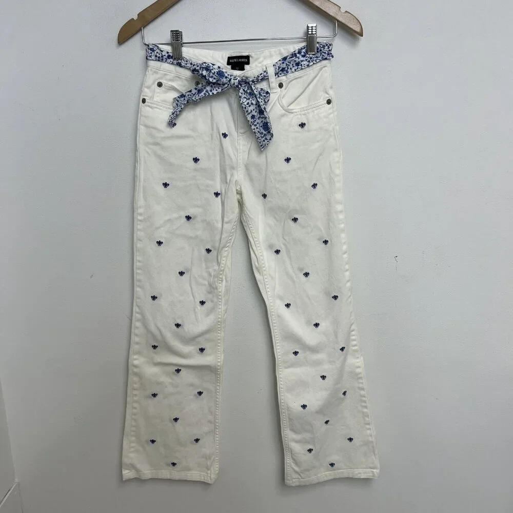 Ralph Lauren Nautical Girls White Pants Belted Blue Embroidery Boot Leg Sz 12